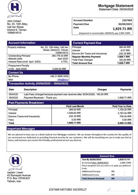 Download Iran Bank Saderat Iran mortgage statement Word and PDF template Photoshop template